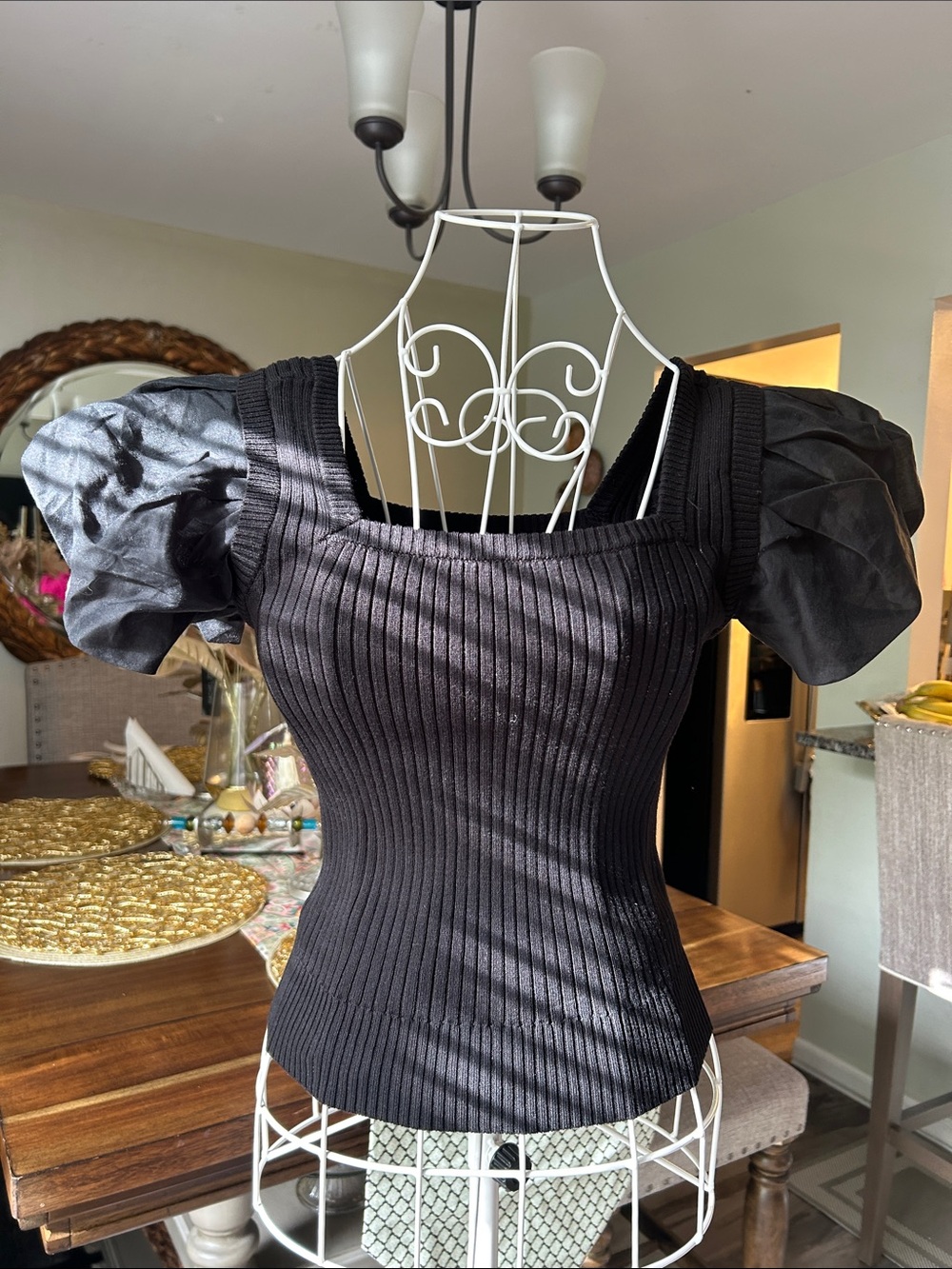 Current Air Black Ribbed Square Neck Puff Sleeve Top